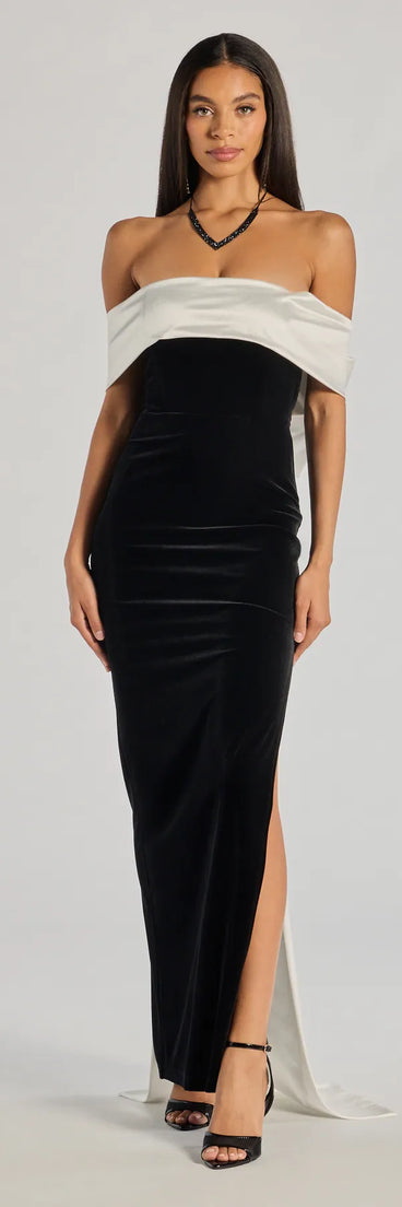 Revamp your 2025 wardrobe with this chic addition, the Verona Off-The-Shoulder Bow Back Velvet Formal Dress in black, perfect for elevating your style in the new year.