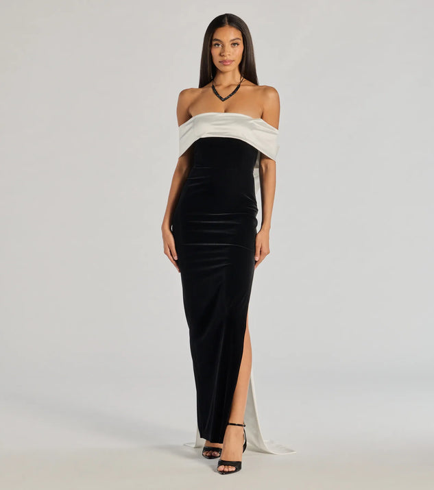 Verona Off-The-Shoulder Bow Back Velvet Formal Dress | Windsor Verona Off-The-Shoulder Bow Back Velvet Formal Dress | Windsor