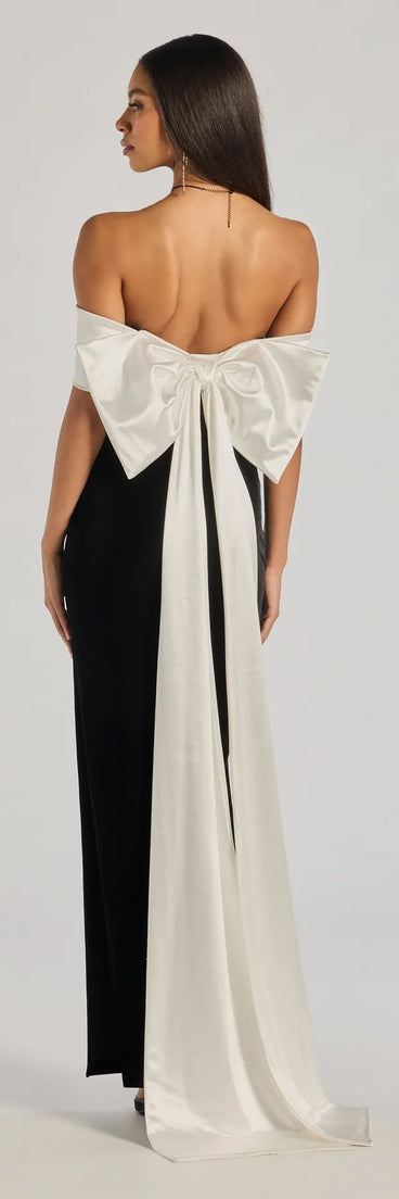 Revamp your 2025 wardrobe with this chic addition, the Verona Off-The-Shoulder Bow Back Velvet Formal Dress in black, perfect for elevating your style in the new year.