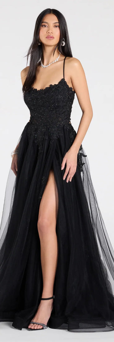 Celebrate in style with the Julia Lace-Up Corset Slit A-Line Formal Dress, a black formal wedding guest dress featuring an elegant silhouette and luxe details, perfect for a black-tie celebration.