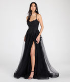 Celebrate in style with the Julia Lace-Up Corset Slit A-Line Formal Dress, a black formal wedding guest dress featuring an elegant silhouette and luxe details, perfect for a black-tie celebration.
