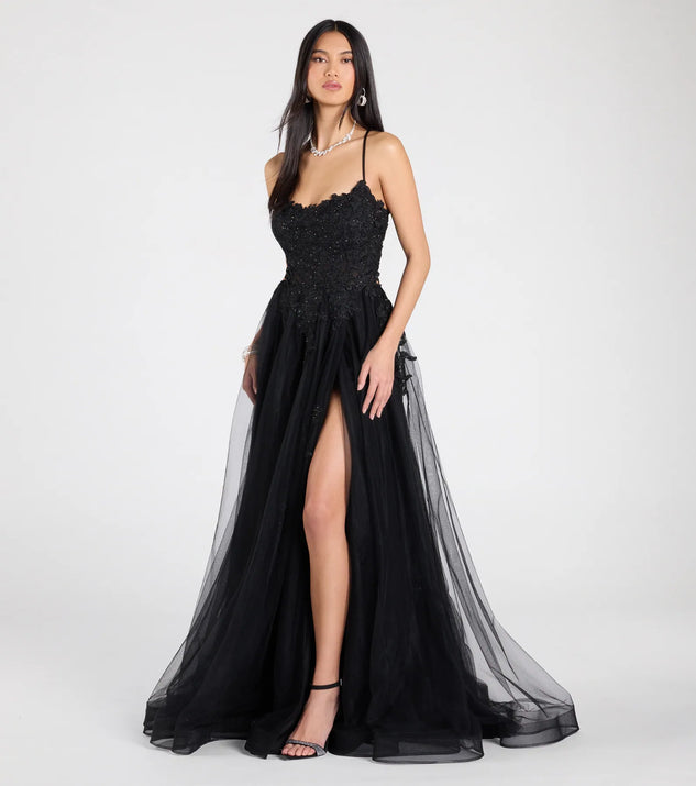 Celebrate in style with the Julia Lace-Up Corset Slit A-Line Formal Dress, a black formal wedding guest dress featuring an elegant silhouette and luxe details, perfect for a black-tie celebration.