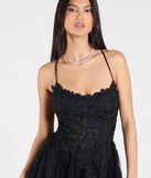 Celebrate in style with the Julia Lace-Up Corset Slit A-Line Formal Dress, a black formal wedding guest dress featuring an elegant silhouette and luxe details, perfect for a black-tie celebration.