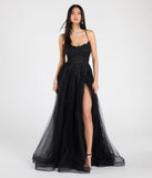 Celebrate in style with the Julia Lace-Up Corset Slit A-Line Formal Dress, a black formal wedding guest dress featuring an elegant silhouette and luxe details, perfect for a black-tie celebration.