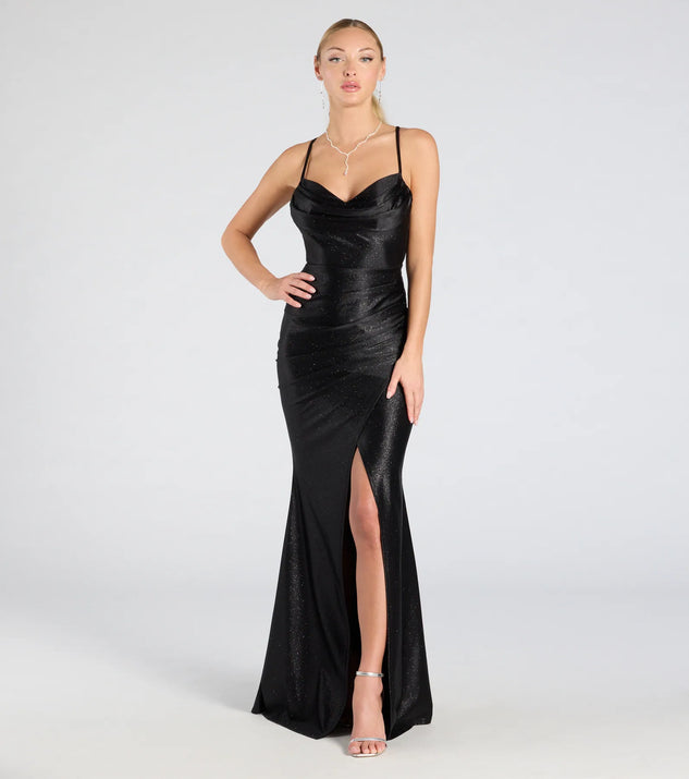 The Joyce Open Back Wrap Bodycon Glitter Formal Dress in luxe black fabric, a stunning prom dress with statement details designed to make a bold impression at Prom 2025.