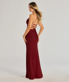 Lexis Lace-Up Slit Mermaid Glitter Formal Dress in wine, a stylish red dress with a flattering fit and fabric that adds allure to your look, perfect for wedding guest attire, cocktail events, or making a bold statement on a date night.
