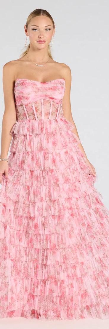 Own the spotlight in the Kira Strapless Floral Tulle A-Line Formal Dress, a pink formal dress crafted to deliver luxe style for autumn weddings, Military Balls, or any special event.