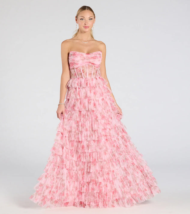 The Kira Strapless Floral Tulle A-Line Formal Dress in luxe pink fabric, a stunning prom dress with statement details designed to make a bold impression at Prom 2025.