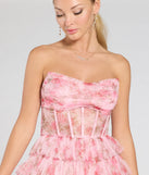 The Kira Strapless Floral Tulle A-Line Formal Dress in luxe pink fabric, a stunning prom dress with statement details designed to make a bold impression at Prom 2025.