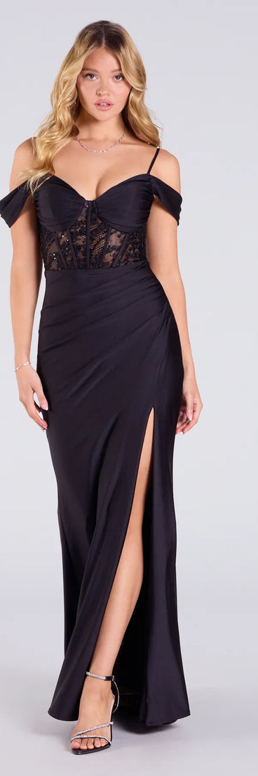 Make a bold statement in the Celine Cold Shoulder Corset Slit Bodycon Formal Dress in black, the perfect fall dress for weddings, cocktail hours, nights out, and/or seasonal celebrations.