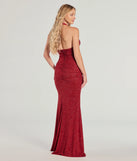 Make a statement in the Gretchen Halter Slit Slim Glitter Formal Dress, a bold red prom dress designed to exude confidence, elegance, and a striking prom-night look.