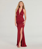 Step into Prom 2025 in a red prom dress, where unique Windsor accents and the standout Gretchen Halter Slit Slim Glitter Formal Dress style come together.