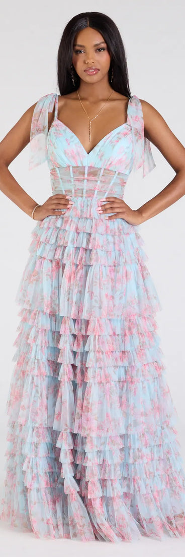 Own the spotlight in the Catrina Corset A-Line Floral Mesh Formal Dress, a light blue formal dress crafted to deliver luxe style for summer weddings, Army Balls, or any special event.