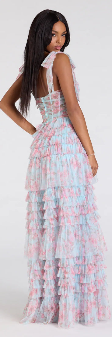 Step into the Prom 2025 dance in the Catrina Corset A-Line Floral Mesh Formal Dress in light blue, a stunning blue prom dress designed to complement any theme with its timeless allure and statement-making style.