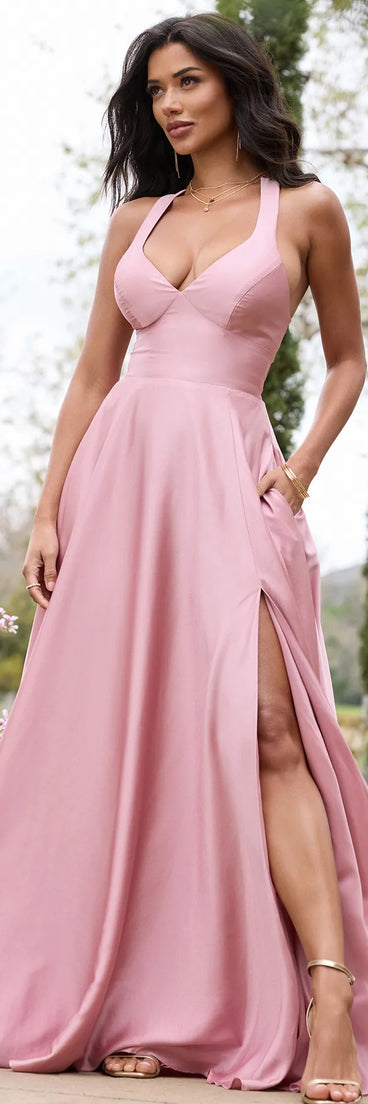 Step into summer looking effortlessly chic in the Abbey Lace-Up Slit A-Line Satin Formal Dress in rose, a must-have Windsor dress for your warm-weather wardrobe.