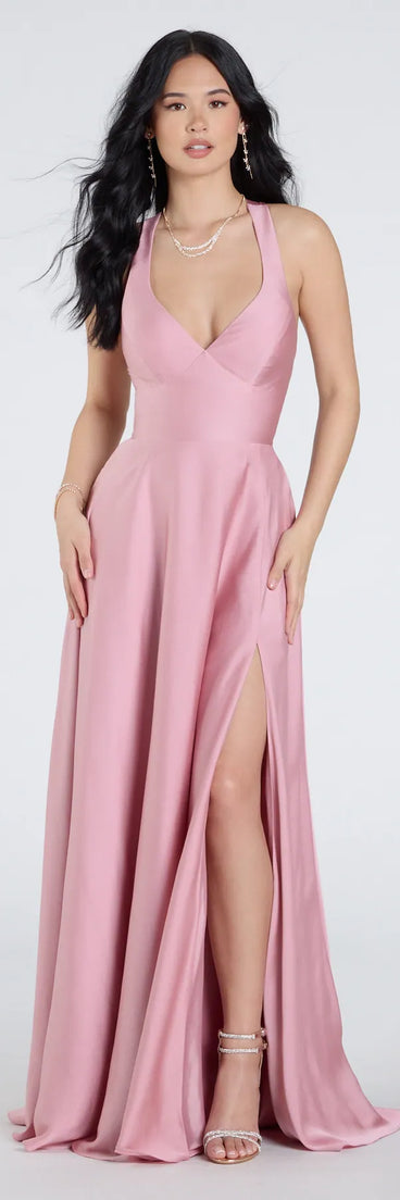 Feel instantly put-together in the Abbey Lace-Up Slit A-Line Satin Formal Dress in rose, a summer wedding guest dress designed for confident style and all-out celebration.