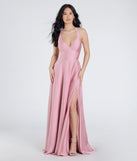 The Abbey Lace-Up Slit A-Line Satin Formal Dress in luxe rose fabric, a stunning prom dress with statement details designed to make a bold impression at Prom 2025.