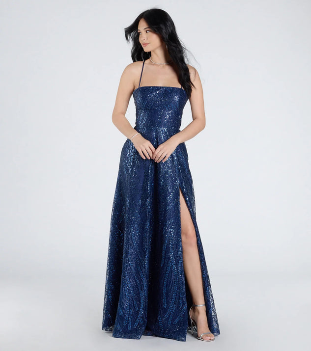 windsor blue sparkly dress Kailani Formal Sequin Slit Mermaid Dress