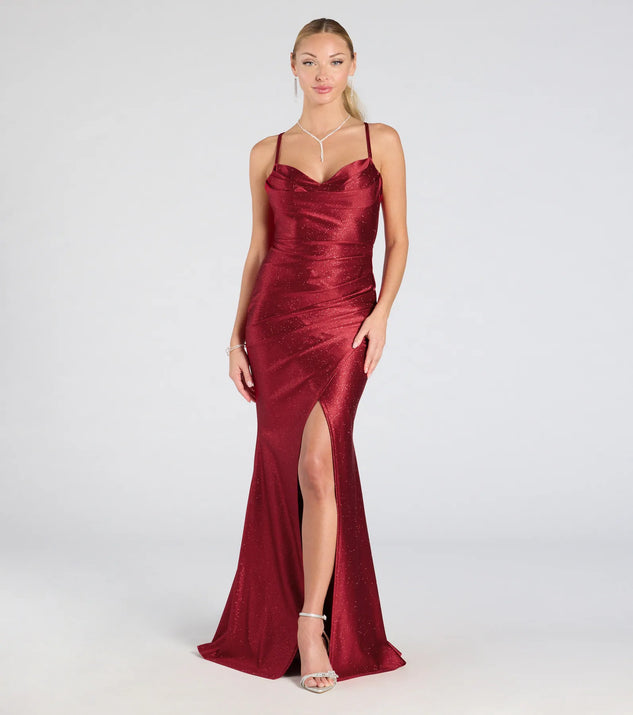 Celebrate in style with the Joyce Open Back Wrap Bodycon Glitter Formal Dress, a red formal wedding guest dress featuring an elegant silhouette and luxe details, perfect for a black-tie celebration.