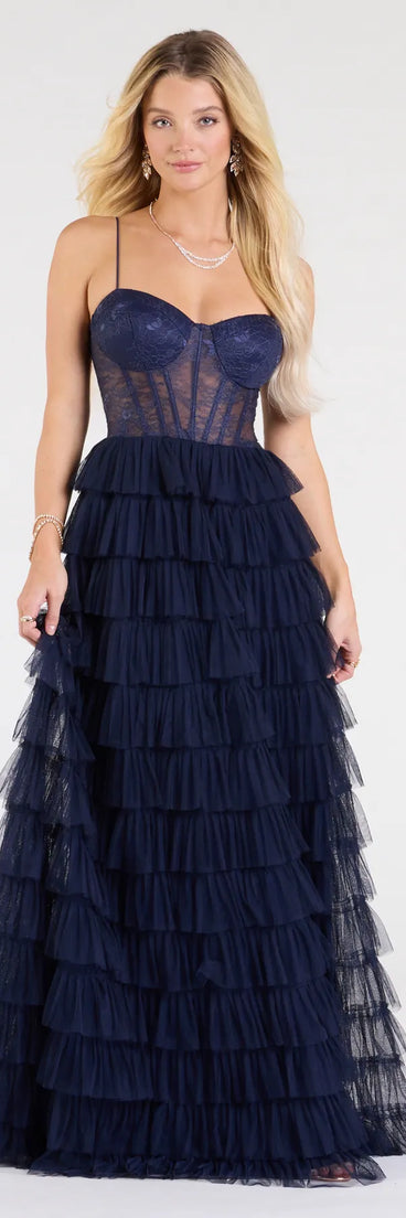 Own the spotlight in the Ally Corset Ruffled Lace A-Line Formal Dress, a navy blue formal dress crafted to deliver luxe style for autumn weddings, Military Balls, or any special event.