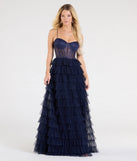 The Ally Corset Ruffled Lace A-Line Formal Dress in luxe navy blue fabric, a stunning prom dress with statement details designed to make a bold impression at Prom 2025.