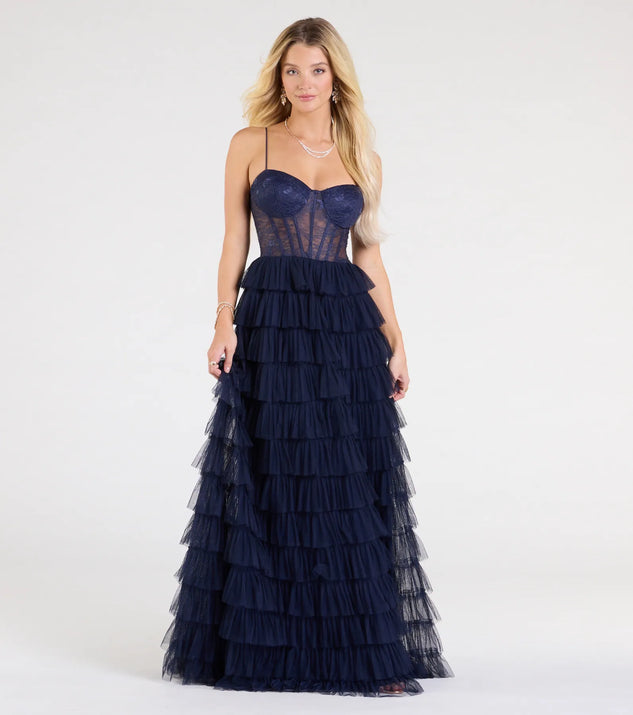 The Ally Corset Ruffled Lace A-Line Formal Dress in luxe navy blue fabric, a stunning prom dress with statement details designed to make a bold impression at Prom 2025.