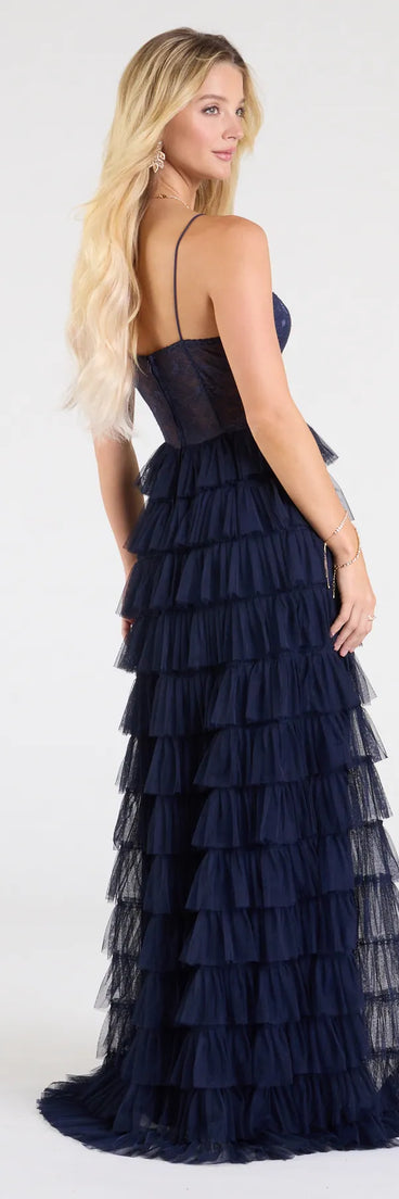 Step into the Prom 2025 dance in the Ally Corset Ruffled Lace A-Line Formal Dress in navy, a stunning blue prom dress designed to complement any theme with its timeless allure and statement-making style.