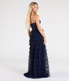Step into the Prom 2025 dance in the Ally Corset Ruffled Lace A-Line Formal Dress in navy, a stunning blue prom dress designed to complement any theme with its timeless allure and statement-making style.