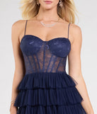 The Ally Corset Ruffled Lace A-Line Formal Dress in luxe navy blue fabric, a stunning prom dress with statement details designed to make a bold impression at Prom 2025.