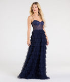 The Ally Corset Ruffled Lace A-Line Formal Dress in luxe navy blue fabric, a stunning prom dress with statement details designed to make a bold impression at Prom 2025.