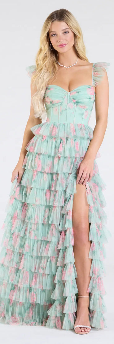 Style your seasonal looks with the Reyna Corset Slit A-Line Floral Formal Dress, a trend-right, sage green fall dress designed for any plan on your calendar with new and unqiue details.