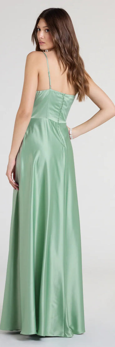 Turn heads at Prom 2025 in this sage green prom dress, where statement-making details meet the iconic style of the Marcella A-Line Slit Satin Formal Dress.
