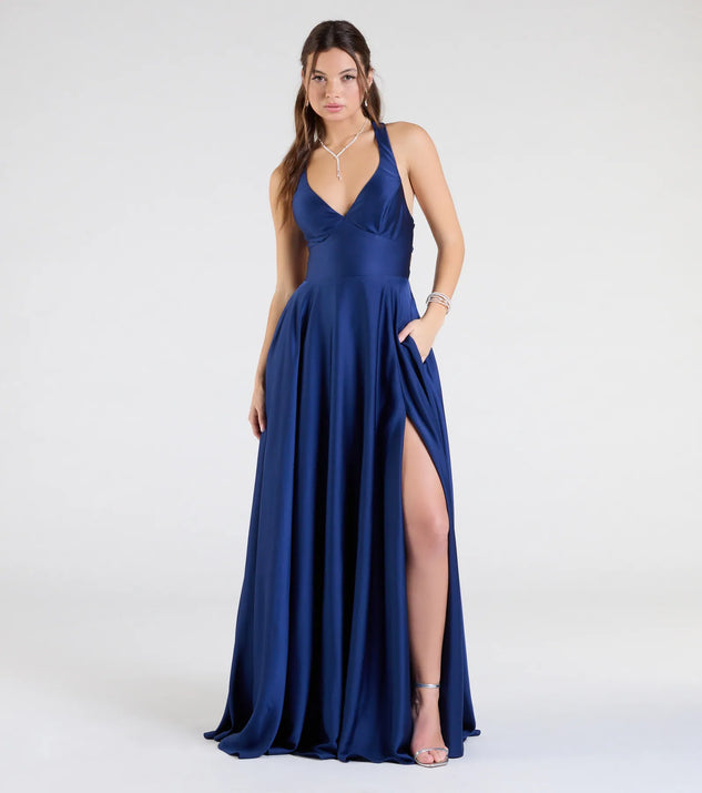The Abbey Lace-Up Slit A-Line Satin Formal Dress in luxe navy blue fabric, a stunning prom dress with statement details designed to make a bold impression at Prom 2025.