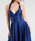The Abbey Lace-Up Slit A-Line Satin Formal Dress in luxe navy blue fabric, a stunning prom dress with statement details designed to make a bold impression at Prom 2025.