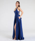The Abbey Lace-Up Slit A-Line Satin Formal Dress in luxe navy blue fabric, a stunning prom dress with statement details designed to make a bold impression at Prom 2025.
