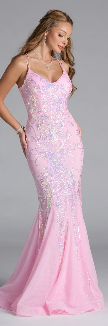 Own the spotlight in the Makayla Lace-Up Mermaid Sequin Formal Dress, a pink formal dress crafted to deliver luxe style for summer weddings, Army Balls, or any special event.