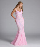 Own the spotlight in the Makayla Lace-Up Mermaid Sequin Formal Dress, a pink formal dress crafted to deliver luxe style for summer weddings, Army Balls, or any special event.