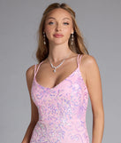 Own the spotlight in the Makayla Lace-Up Mermaid Sequin Formal Dress, a pink formal dress crafted to deliver luxe style for summer weddings, Army Balls, or any special event.