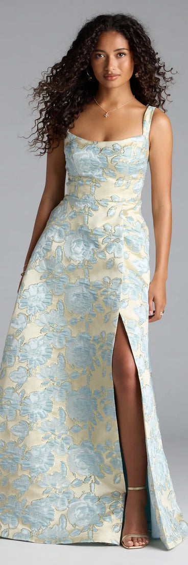 Own the spotlight in the Lulabelle Lace-Up Slit A-Line Formal Dress, a blue formal dress crafted to deliver luxe style for autumn weddings, Military Balls, or any special event.