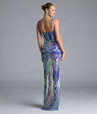 Turn heads at Prom 2025 in this royal blue prom dress, where statement-making details meet the iconic style of the Elisa Iridescent Sequin High Slit Column Dress.