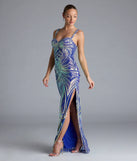 Turn heads at Prom 2025 in this royal blue prom dress, where statement-making details meet the iconic style of the Elisa Iridescent Sequin High Slit Column Dress.