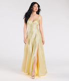 Turn heads at Prom 2025 in this yellow prom dress, where statement-making details meet the iconic style of the Melika Bustier Slit A-Line Satin Formal Dress.
