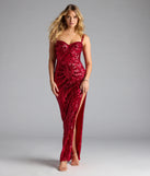 Step into summer looking effortlessly chic in the Elisa Iridescent Sequin High Slit Column Dress in red, a must-have Windsor dress for your warm-weather wardrobe.