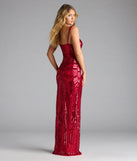Own the spotlight in the Elisa Iridescent Sequin High Slit Column Dress, a red formal dress crafted to deliver luxe style for summer weddings, Army Balls, or any special event.