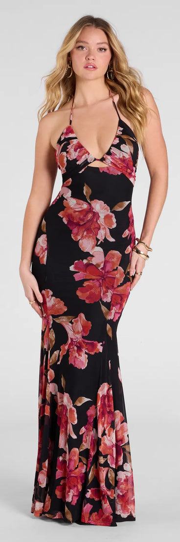 Feel instantly put-together in the Malia Halter Mermaid Floral Mesh Formal Dress in black, a stylish wedding guest dress designed for confident style and all-out celebration.