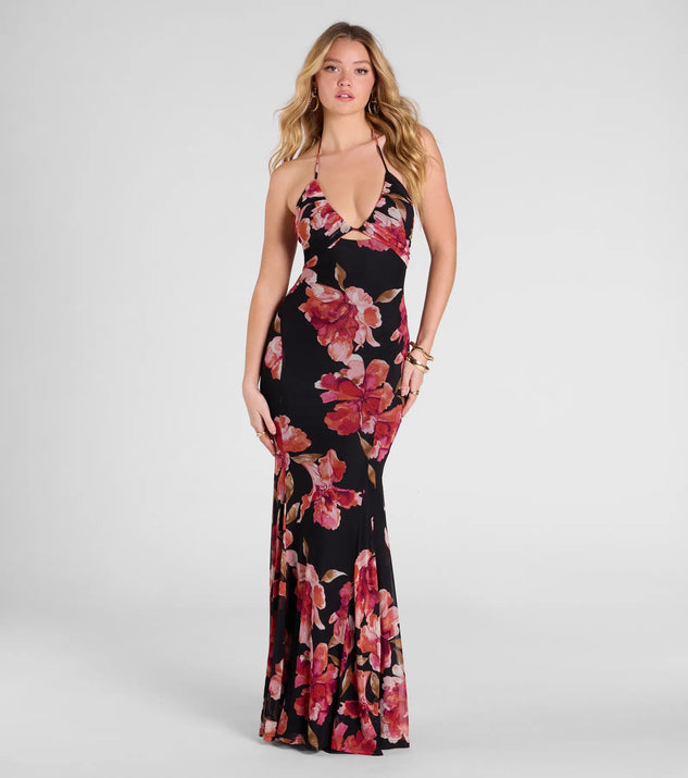 The Malia Halter Mermaid Floral Mesh Formal Dress in luxe black fabric, a stunning prom dress with statement details designed to make a bold impression at Prom 2025.