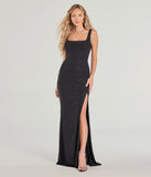The Devon Glitter Cutout Slit Slim Formal Dress in luxe black fabric, a stunning prom dress with statement details designed to make a bold impression at Prom 2025.