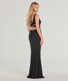 The Devon Glitter Cutout Slit Slim Formal Dress in luxe black fabric, a stunning prom dress with statement details designed to make a bold impression at Prom 2025.