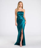 The Clea Satin Strapless Wrap Mermaid Dress in luxe teal fabric, a stunning prom dress with statement details designed to make a bold impression at Prom 2025.