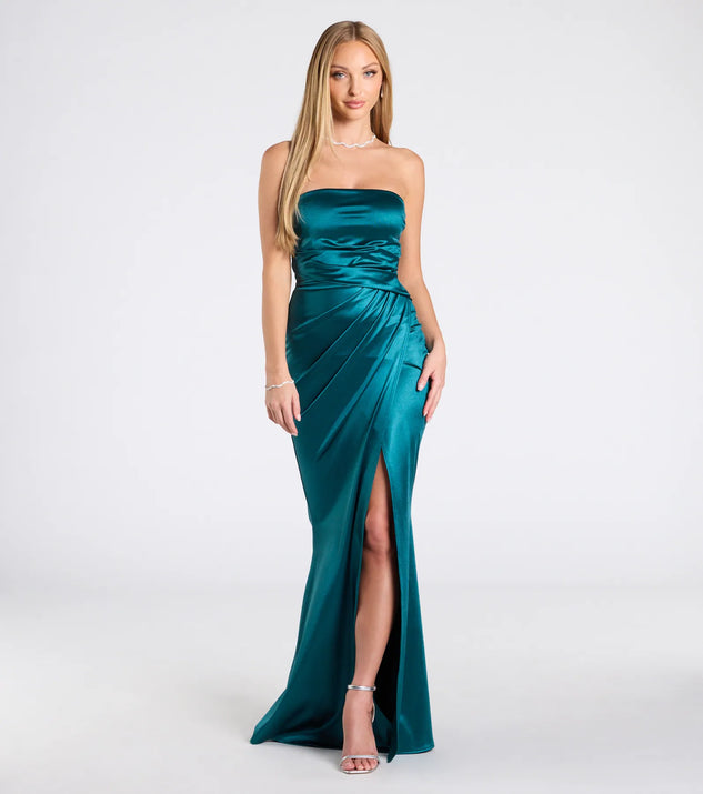 The Clea Satin Strapless Wrap Mermaid Dress in luxe teal fabric, a stunning prom dress with statement details designed to make a bold impression at Prom 2025.